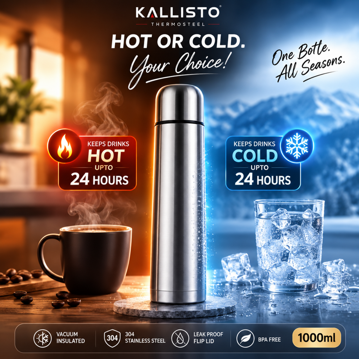 1 Litre Premium Thermosteel Vacuum Flask.