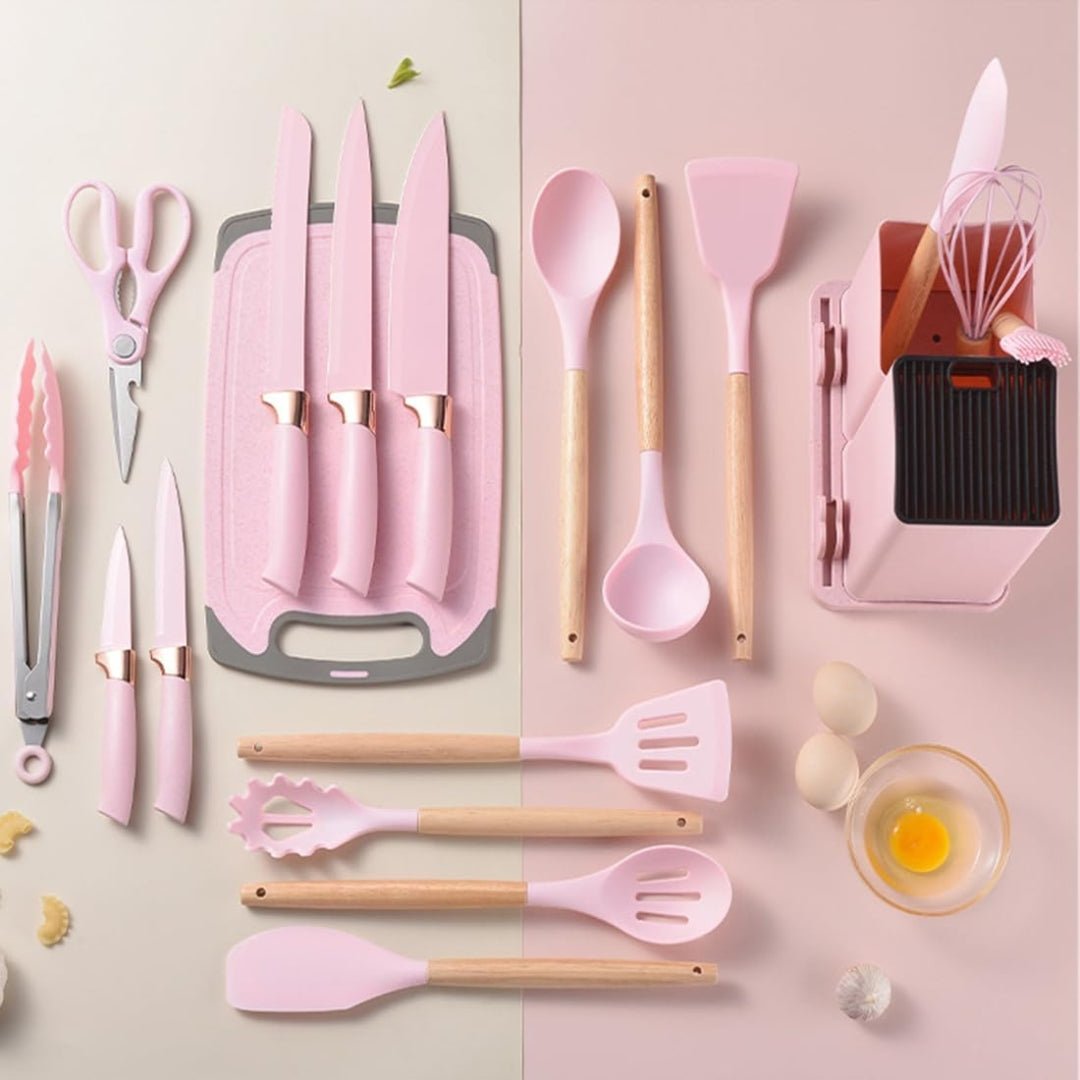 19pcs Cooking Utensil Set with Natural Wooden Handles - #Royalkart#Cooking tools