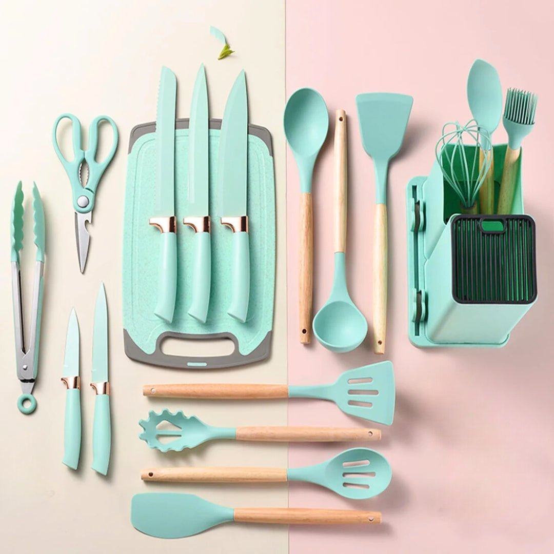 19pcs Cooking Utensil Set with Natural Wooden Handles - #Royalkart#Cooking tools