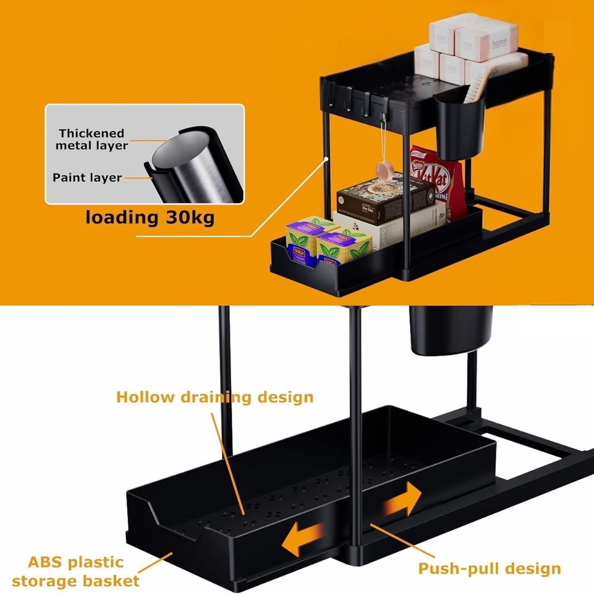 2 - Tier Under - Sink Organizer Storage Rack with Pull - Out Drawer - Royalkartunder sink organizer