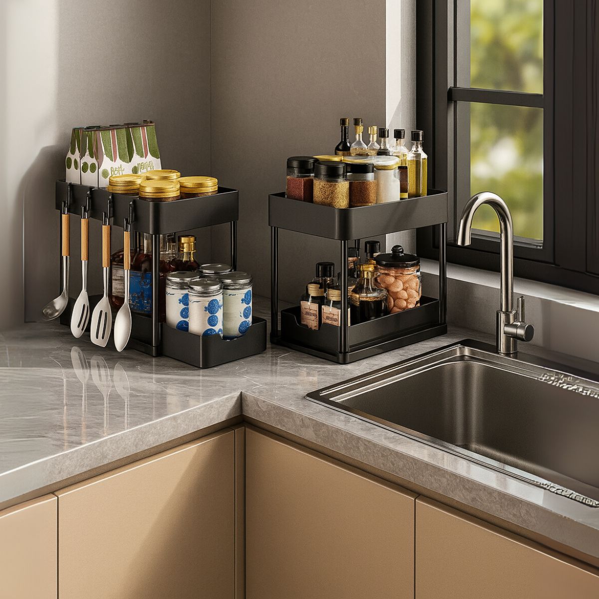 2 - Tier Under - Sink Organizer Storage Rack with Pull - Out Drawer - Royalkartunder sink organizer