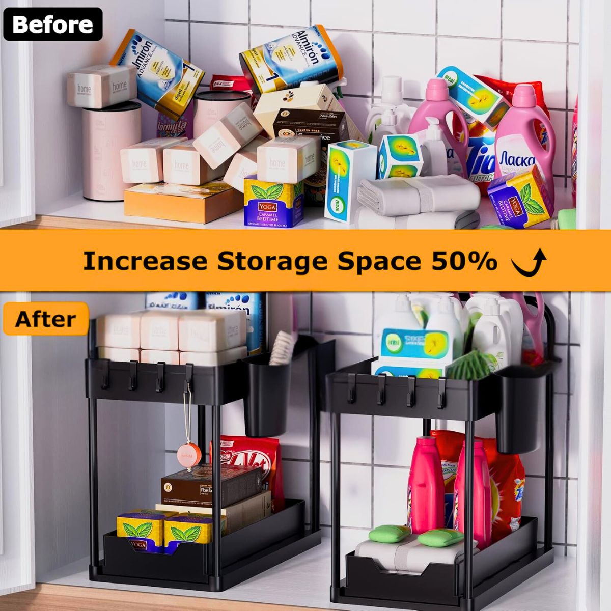 2 - Tier Under - Sink Organizer Storage Rack with Pull - Out Drawer - Royalkartunder sink organizer