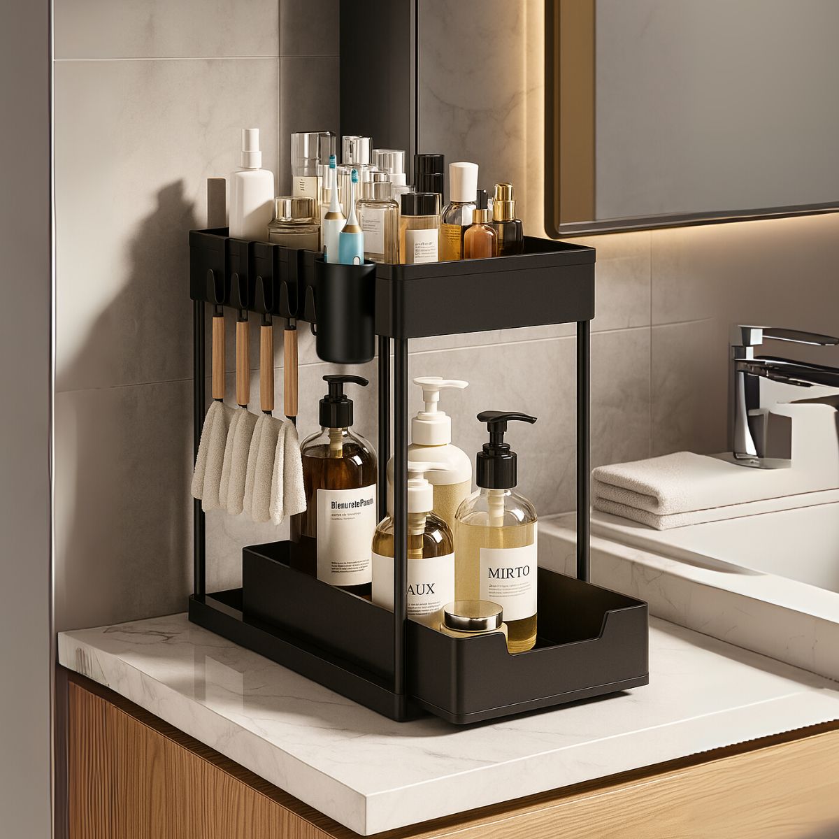 2 - Tier Under - Sink Organizer Storage Rack with Pull - Out Drawer - Royalkartunder sink organizer