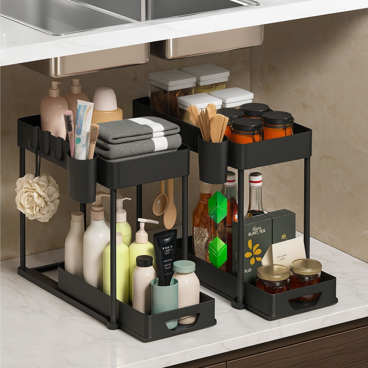 2 - Tier Under - Sink Organizer Storage Rack with Pull - Out Drawer - Royalkartunder sink organizer