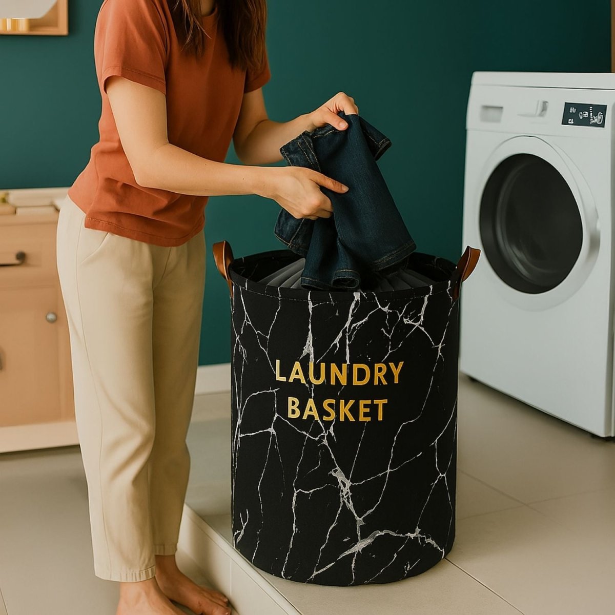 63L Round Storage Laundry Basket Marble Print Laundry Bag - Royalkartblack laundry basket
