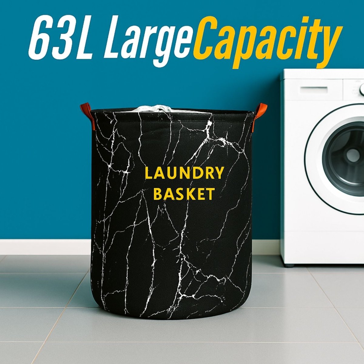 63L Round Storage Laundry Basket Marble Print Laundry Bag - Royalkartblack laundry basket