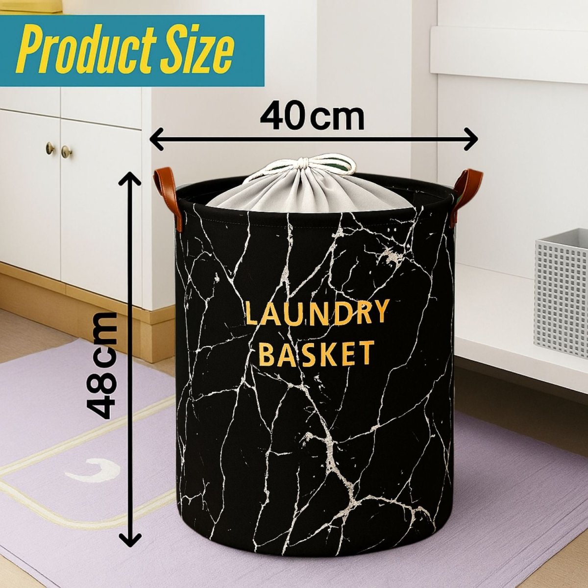 63L Round Storage Laundry Basket Marble Print Laundry Bag - Royalkartblack laundry basket