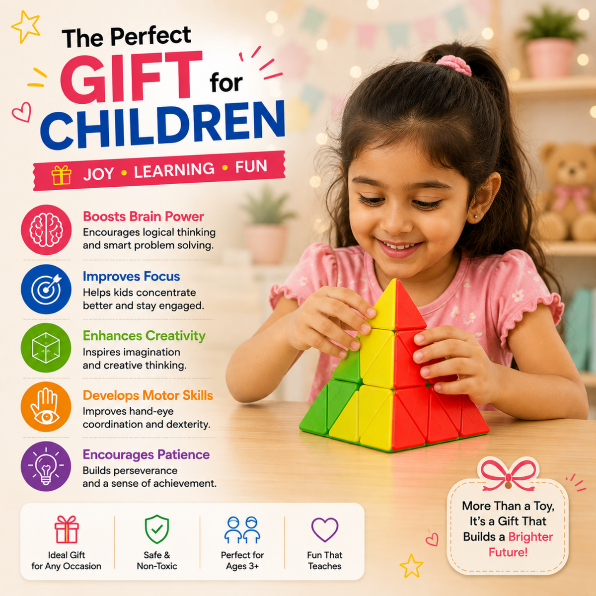 Pyraminx Puzzle Cube 3D Brain Teaser | Pyramid Shape Twist Puzzle & Logic Game for Kids 3+ Years | Colour Matching Educational Learning Toy for Boys Girls Children & Adults