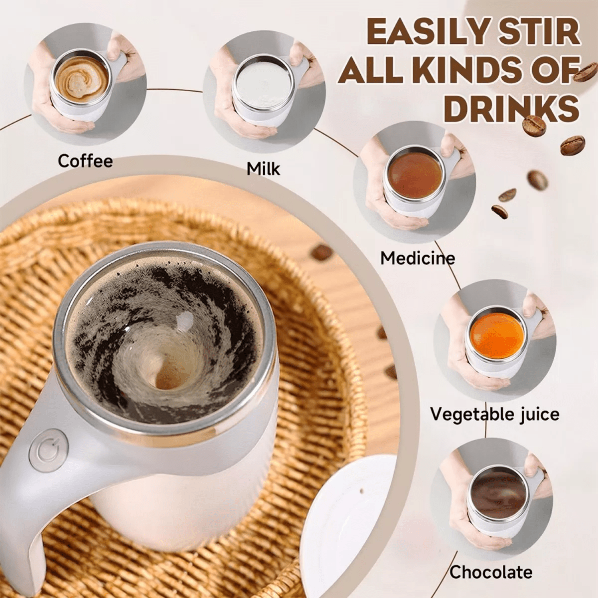 Automatic Magnetic Stirring Mug, 380ml – Rechargeable Self Stirring Coffee Cup – Mixes Coffee, Milk, Tea, Cocoa(Brown) - #Royalkart#automatic coffee mixer