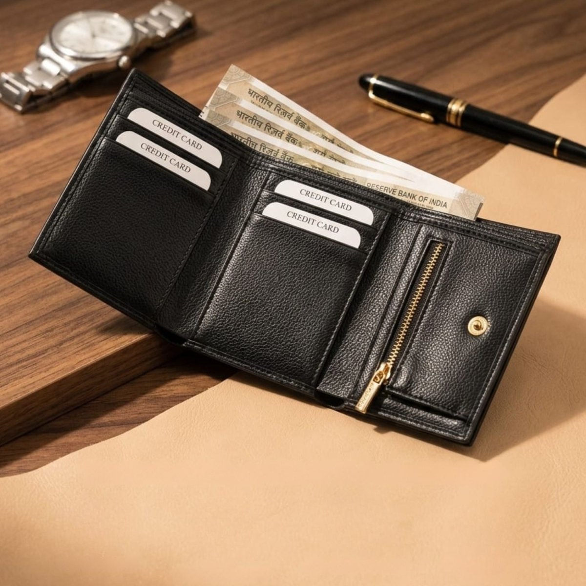 Luxe TriFold Vegan Leather Wallet for Men (Black) Wallet- Royalkart