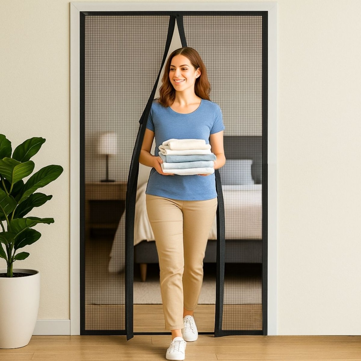 Lady entering the room passing throught the magnetic curtain