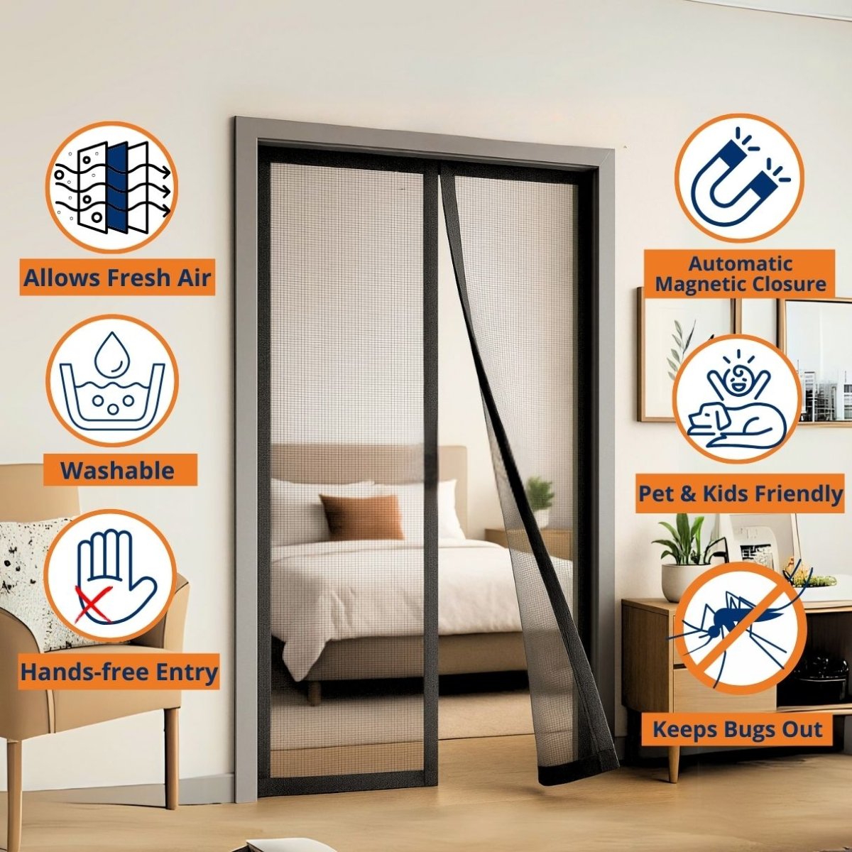 Mosquito Curtain Mesh With Pre - Attached 34 Magnets, Self - Adhesive Hook Tape & 15 Push Pins Mosquito Curtain For Doors - RoyalkartMagnetic curtain