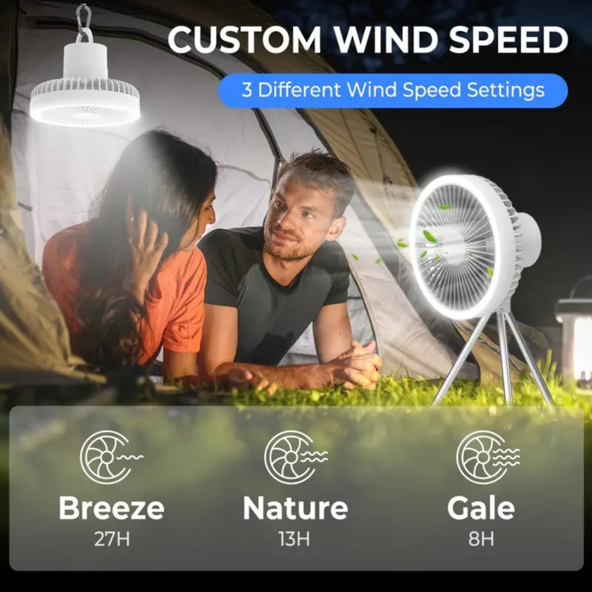 Portable Rechargeable Camping Fan with LED Light Ring, Tripod Stand & Rotatable Hanging, USB - Powered Mini Fan Portable Fan - #Royalkart#Camping Fan
