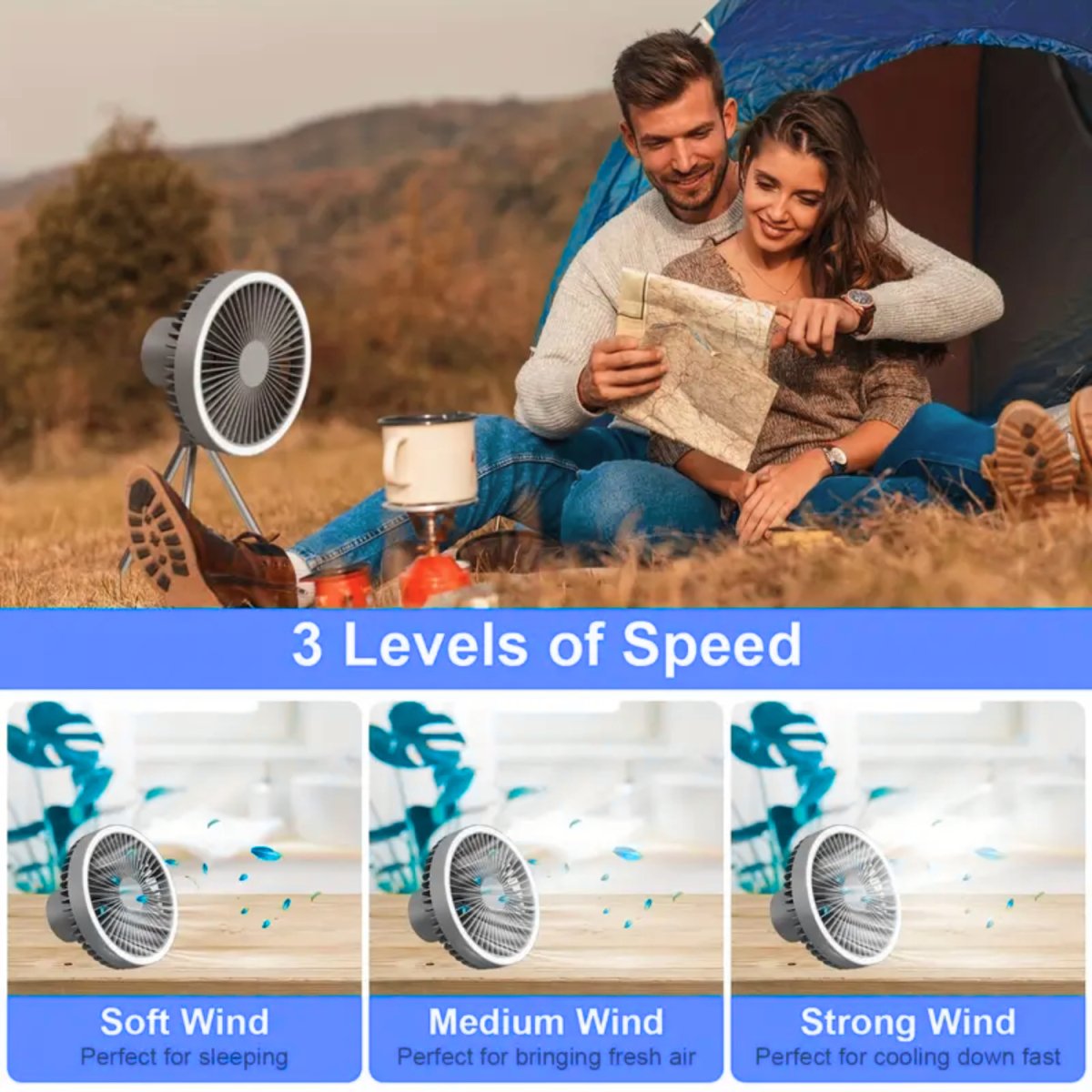 Portable Rechargeable Camping Fan with LED Light Ring, Tripod Stand & Rotatable Hanging, USB - Powered Mini Fan Portable Fan - #Royalkart#Camping Fan