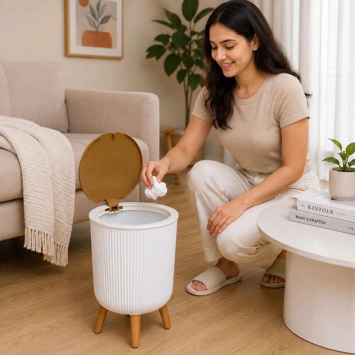 Ribbed Dustbin with Push Lid - White Dustbin- RoyalkartDustbin