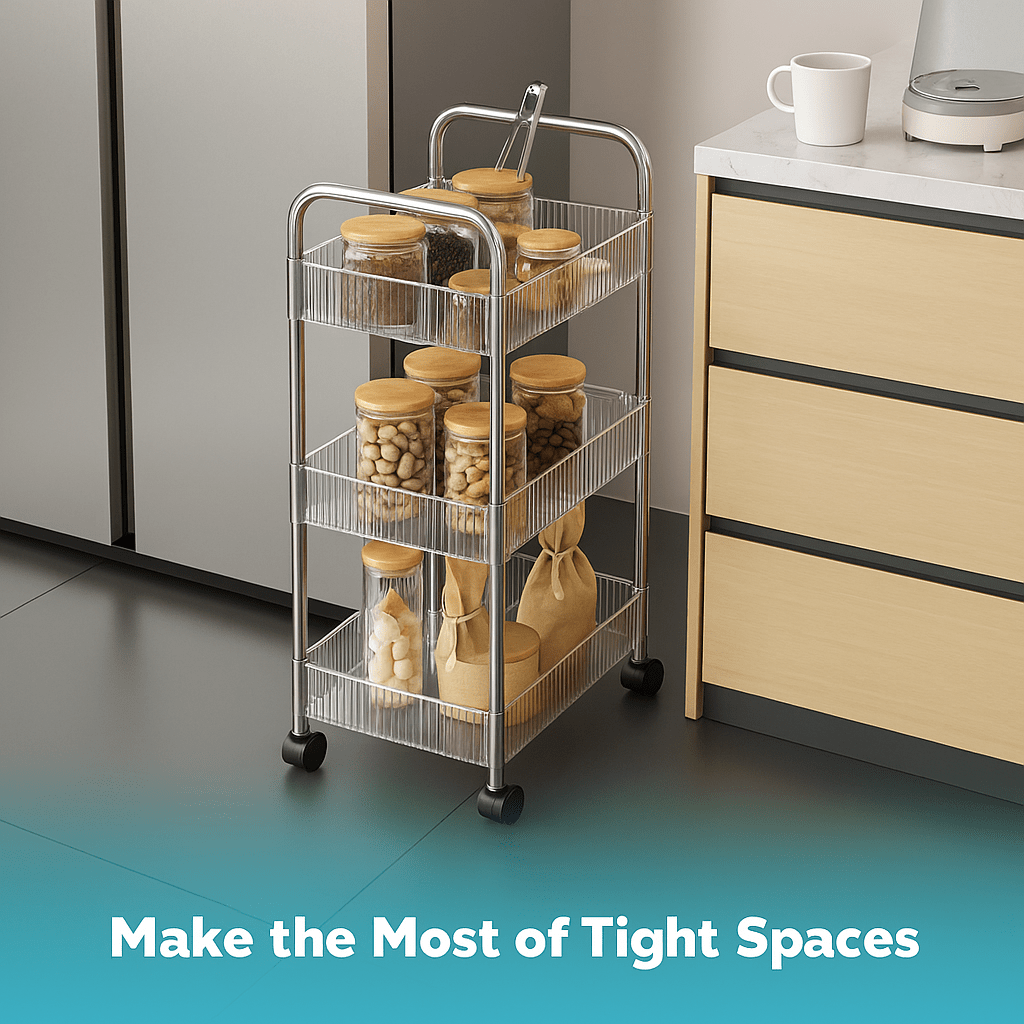 Royalkart® 3 - Tier Acrylic Rolling Storage Cart with Handle | Transparent Utility Organiser Trolley for Kitchen, Office, Living Room, Dorm, Bathroom | Space - Saving Multi - Purpose Rack on Wheels (Grey) - Royalkart
