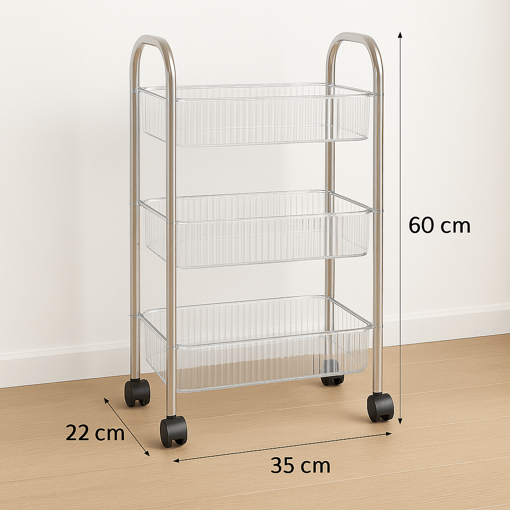 Royalkart® 3 - Tier Acrylic Rolling Storage Cart with Handle | Transparent Utility Organiser Trolley for Kitchen, Office, Living Room, Dorm, Bathroom | Space - Saving Multi - Purpose Rack on Wheels (Grey) - Royalkart