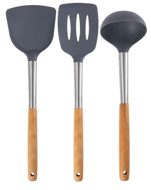 Silicone Kitchen Spatula Set | Non - Stick Cooking Spatulas with Wooden Handles Set Of 3 - #Royalkart#Cooking tools