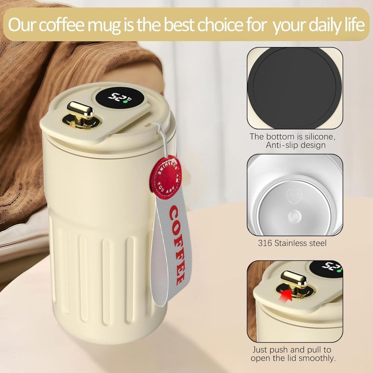 Stainless Steel Insulated Travel Coffee Mug with LED Temperature Display, Keeps Drinks Hot & Cold (410ml) - Royalkartcoffee mug for gym