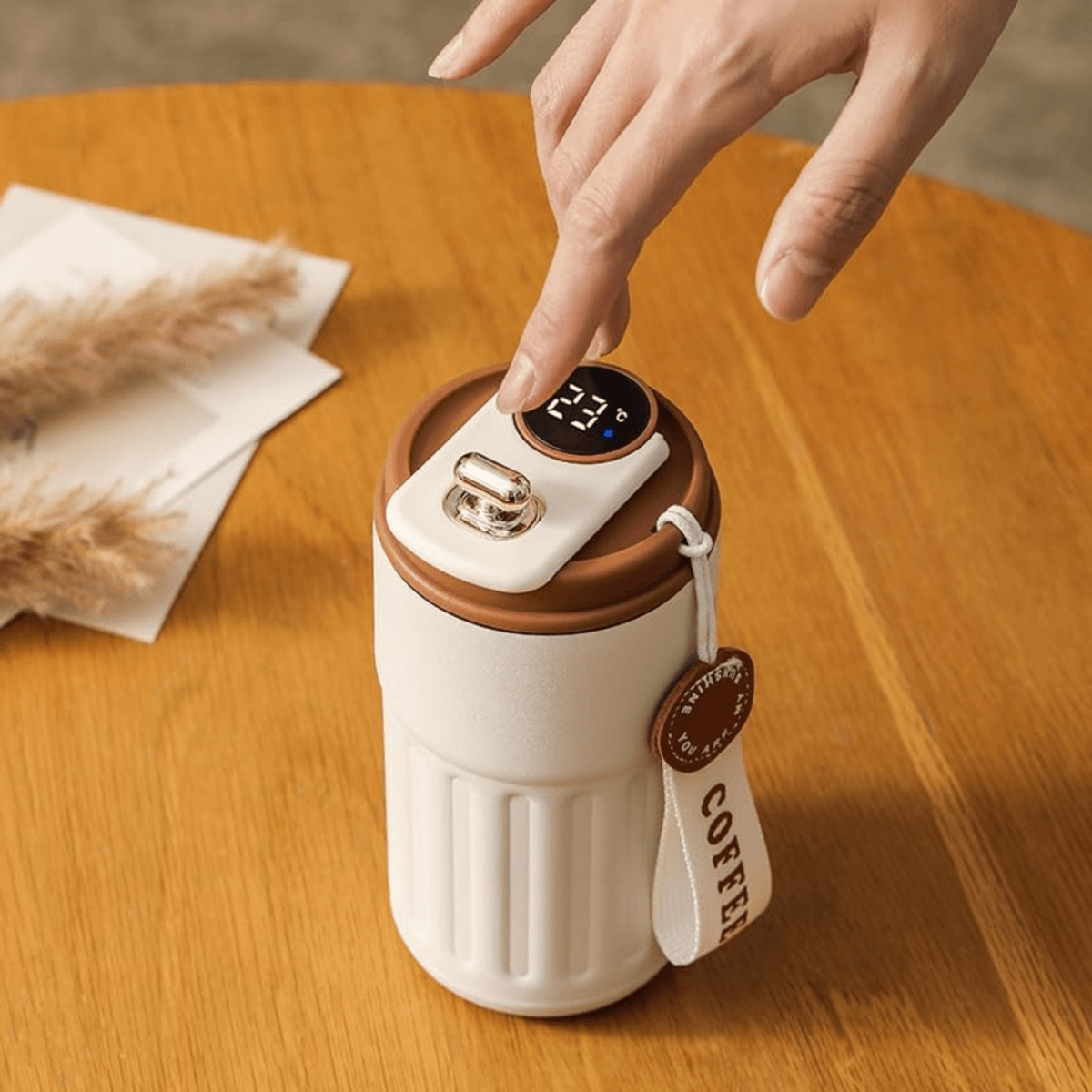 Stainless Steel Insulated Travel Coffee Mug with LED Temperature Display, Keeps Drinks Hot & Cold (Brown - 410ml) - #Royalkart#coffee mug for gym