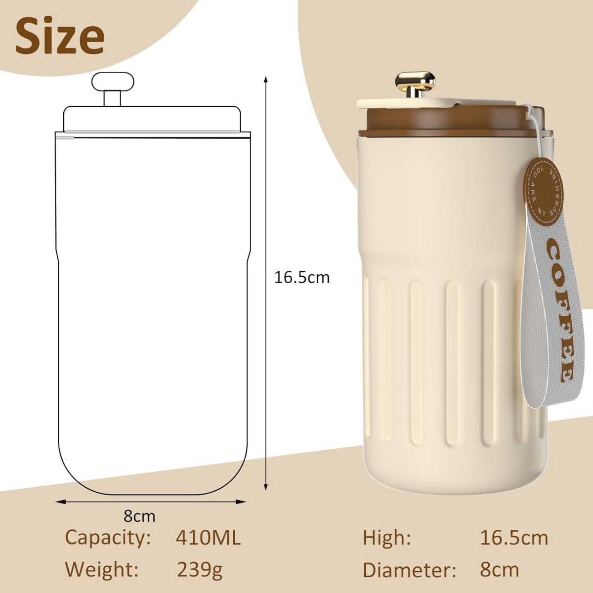 Stainless Steel Insulated Travel Coffee Mug with LED Temperature Display, Keeps Drinks Hot & Cold (Brown - 410ml) - #Royalkart#coffee mug for gym