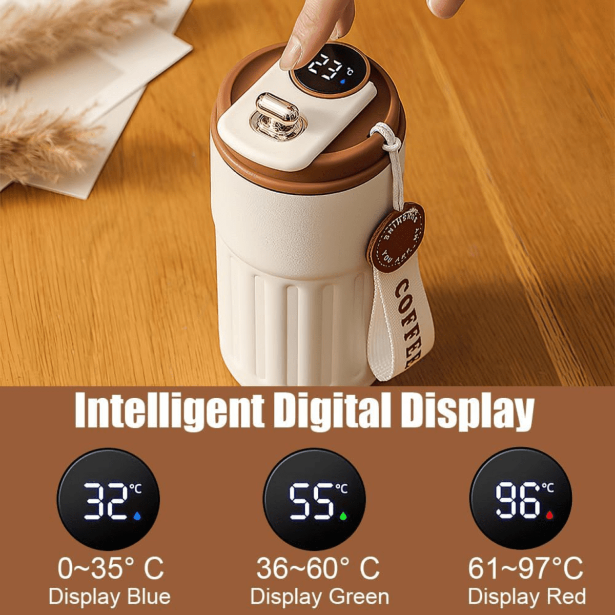 Stainless Steel Insulated Travel Coffee Mug with LED Temperature Display, Keeps Drinks Hot & Cold (Brown - 410ml) - #Royalkart#coffee mug for gym