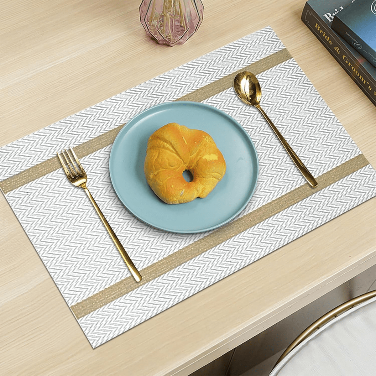 Textured PVC Placemats with Golden Lace (Set of 6) - #Royalkart#dining table mats