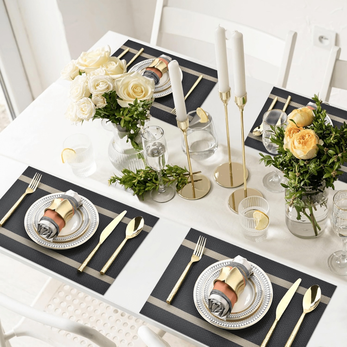 Textured PVC Placemats with Golden Lace (Set of 6) - #Royalkart#dining table mats