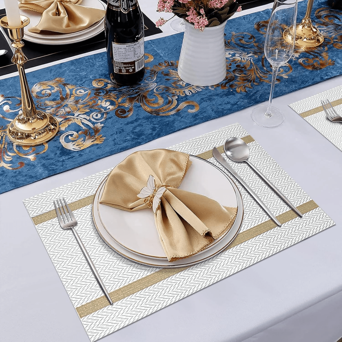 Textured PVC Placemats with Golden Lace (Set of 6) - #Royalkart#dining table mats