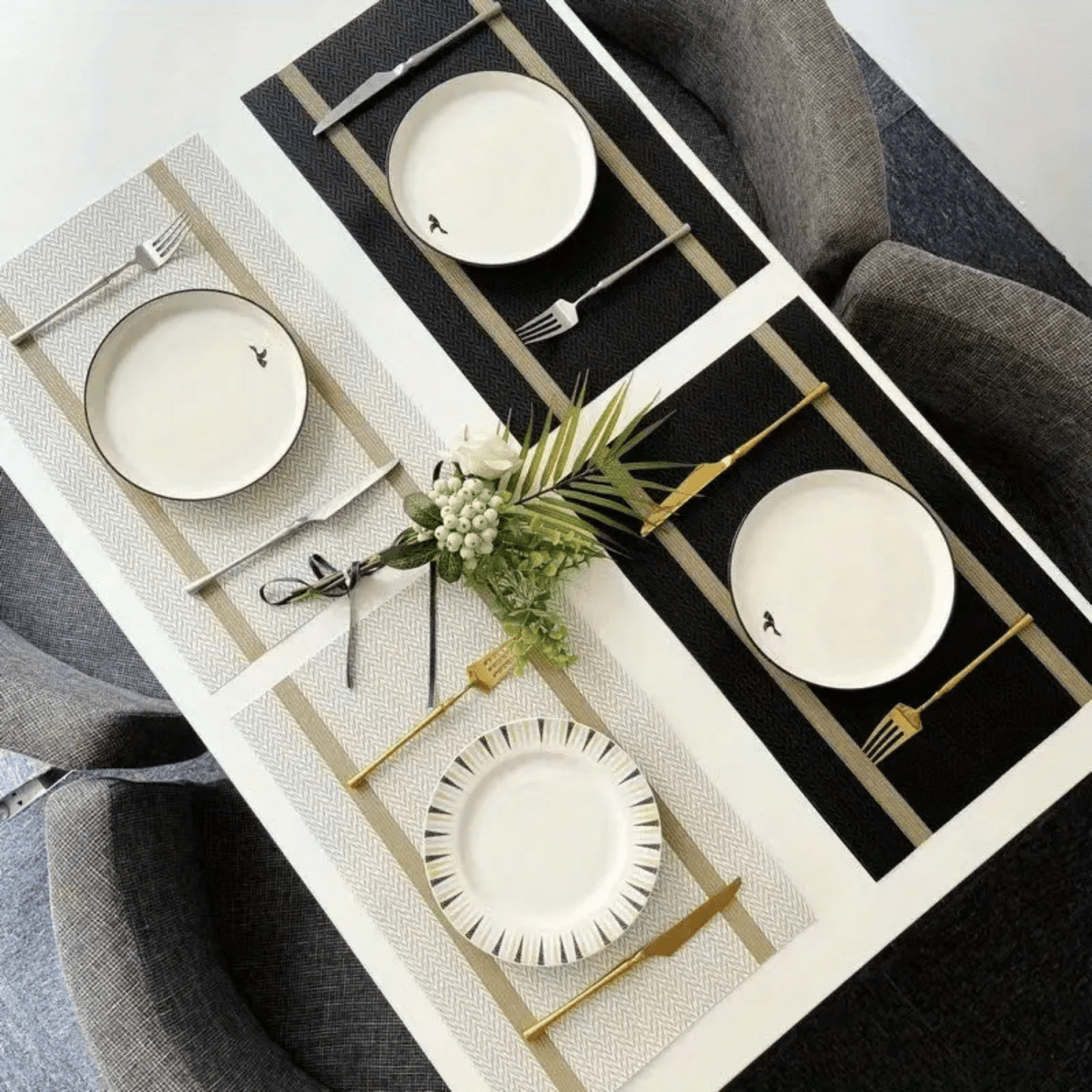 Textured PVC Placemats with Golden Lace (Set of 6) - #Royalkart#dining table mats