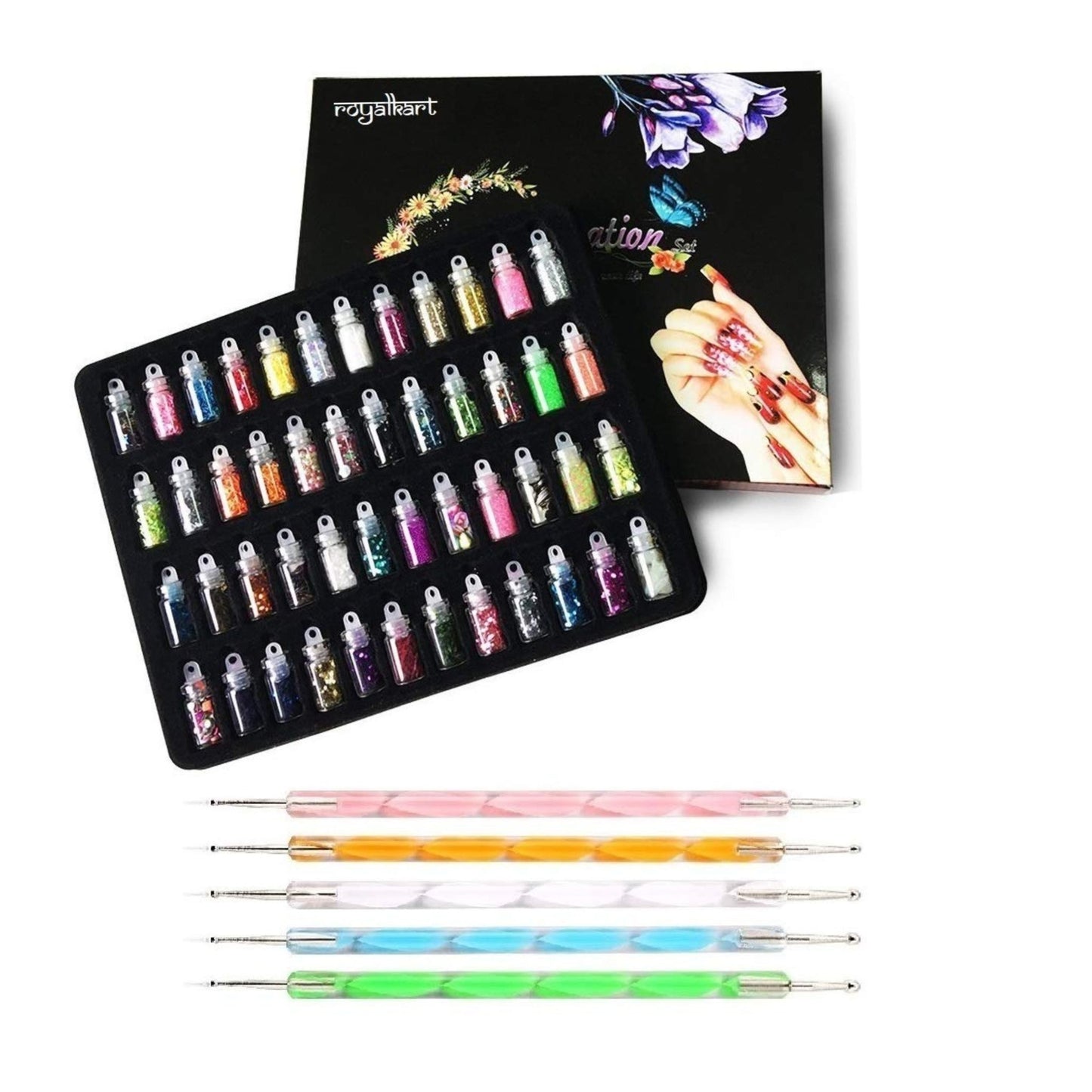 Nail Art 48 Bottles 3D Glitter Set and 5 Pcs Double Sided Nail Dotting Tool Nail Art Tools & Accessories- #Royalkart#Nail Glitter Sets