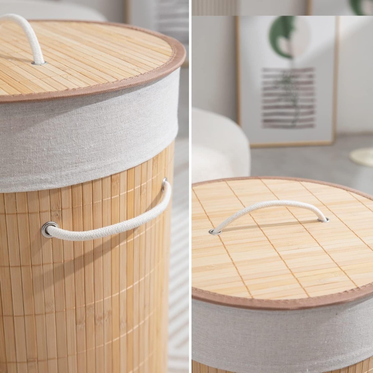 Round Bamboo Laundry Basket With Lid (35CM*60CM) Laundry Bag- #Royalkart#brown lid basket