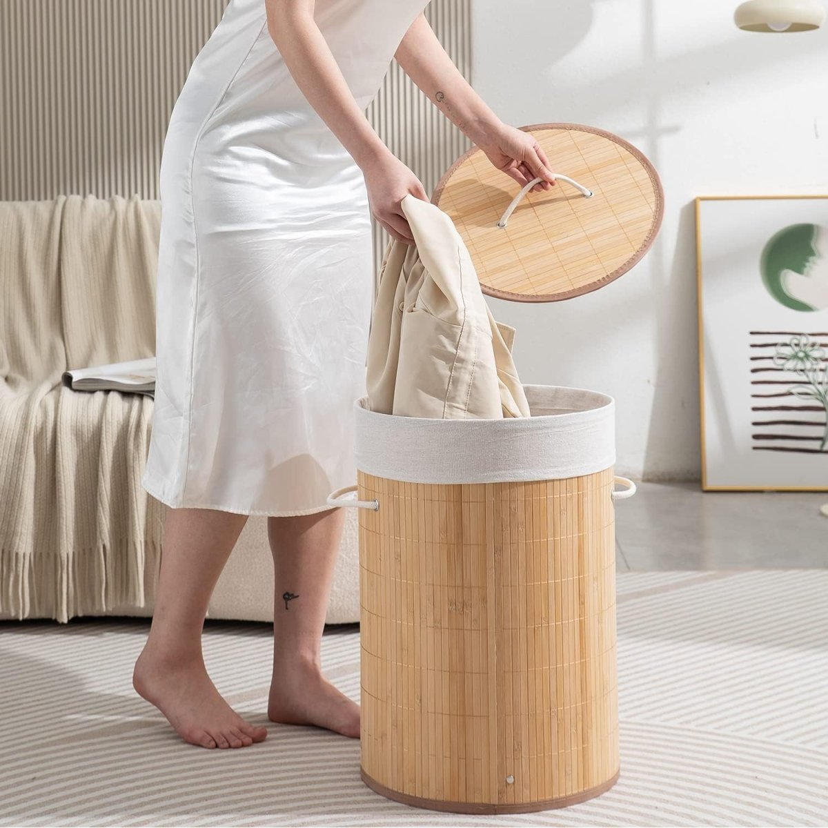 Round Bamboo Laundry Basket With Lid (35CM*60CM) Laundry Bag- #Royalkart#brown lid basket