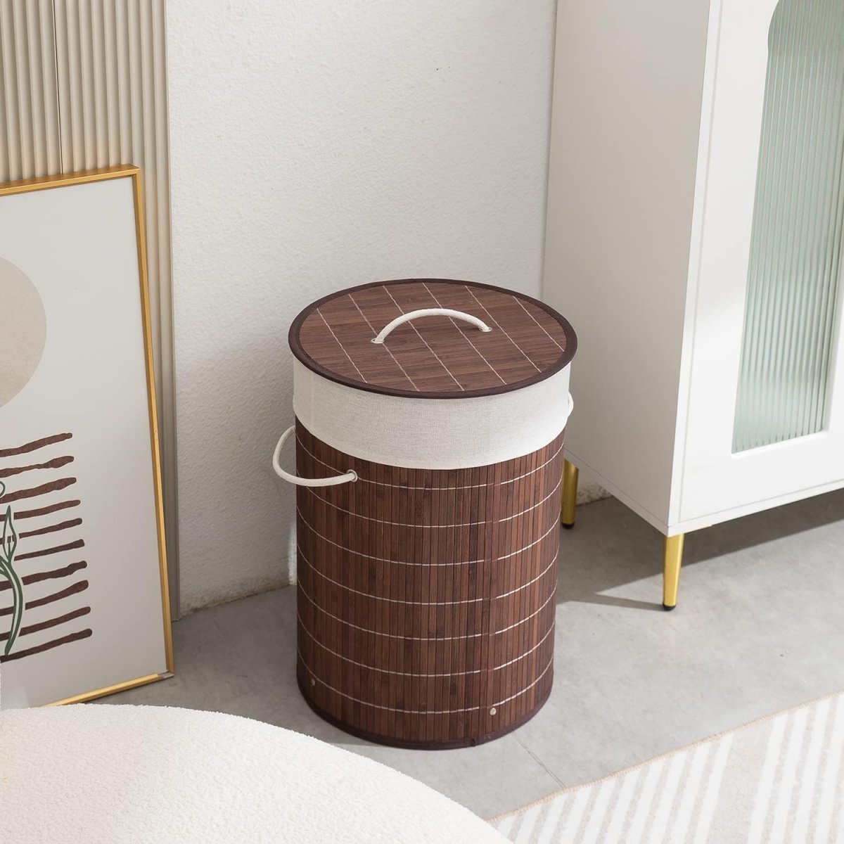 Round Bamboo Laundry Basket With Lid (35CM*60CM) Laundry Bag- #Royalkart#brown lid basket