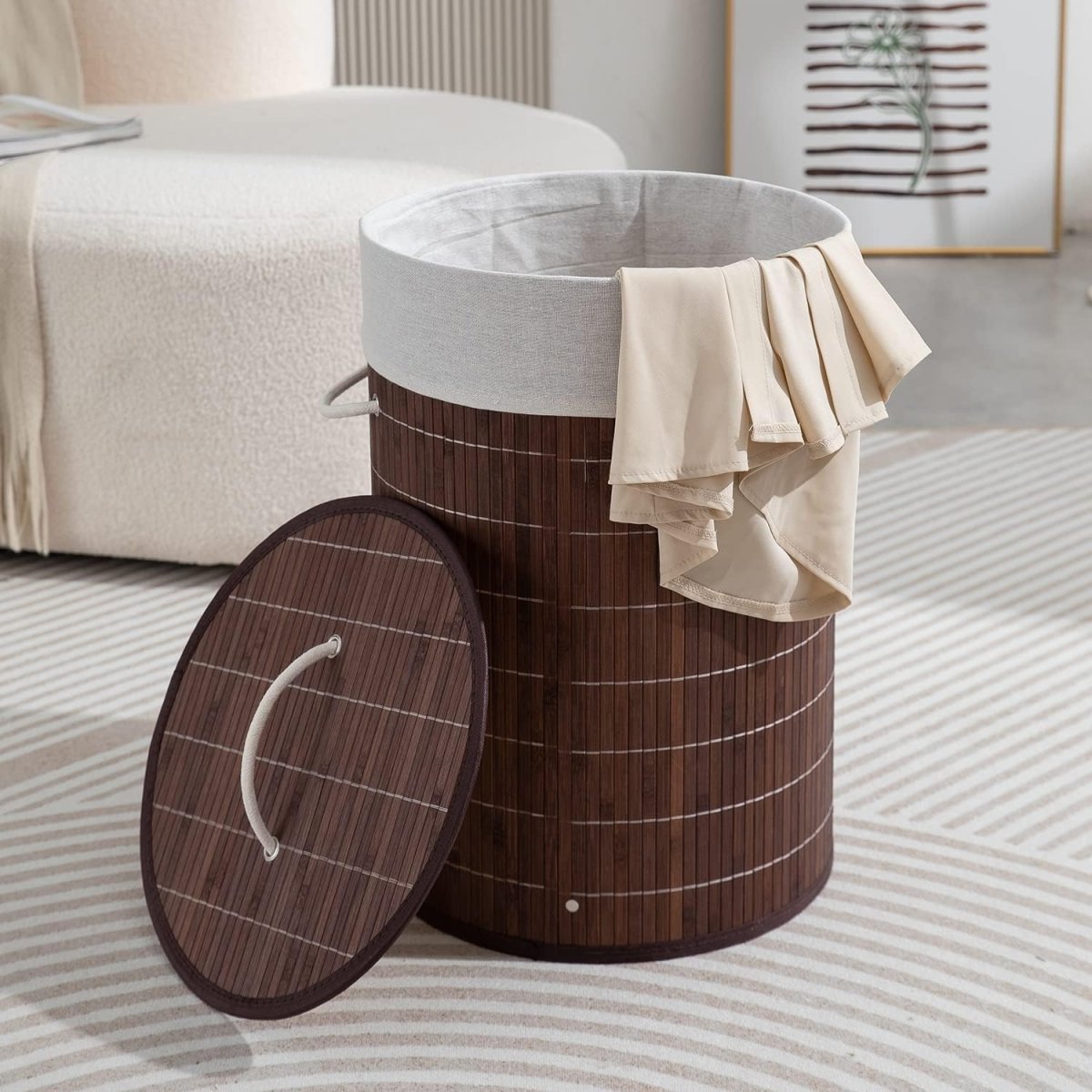 Round Bamboo Laundry Basket With Lid (35CM*60CM) Laundry Bag- #Royalkart#brown lid basket