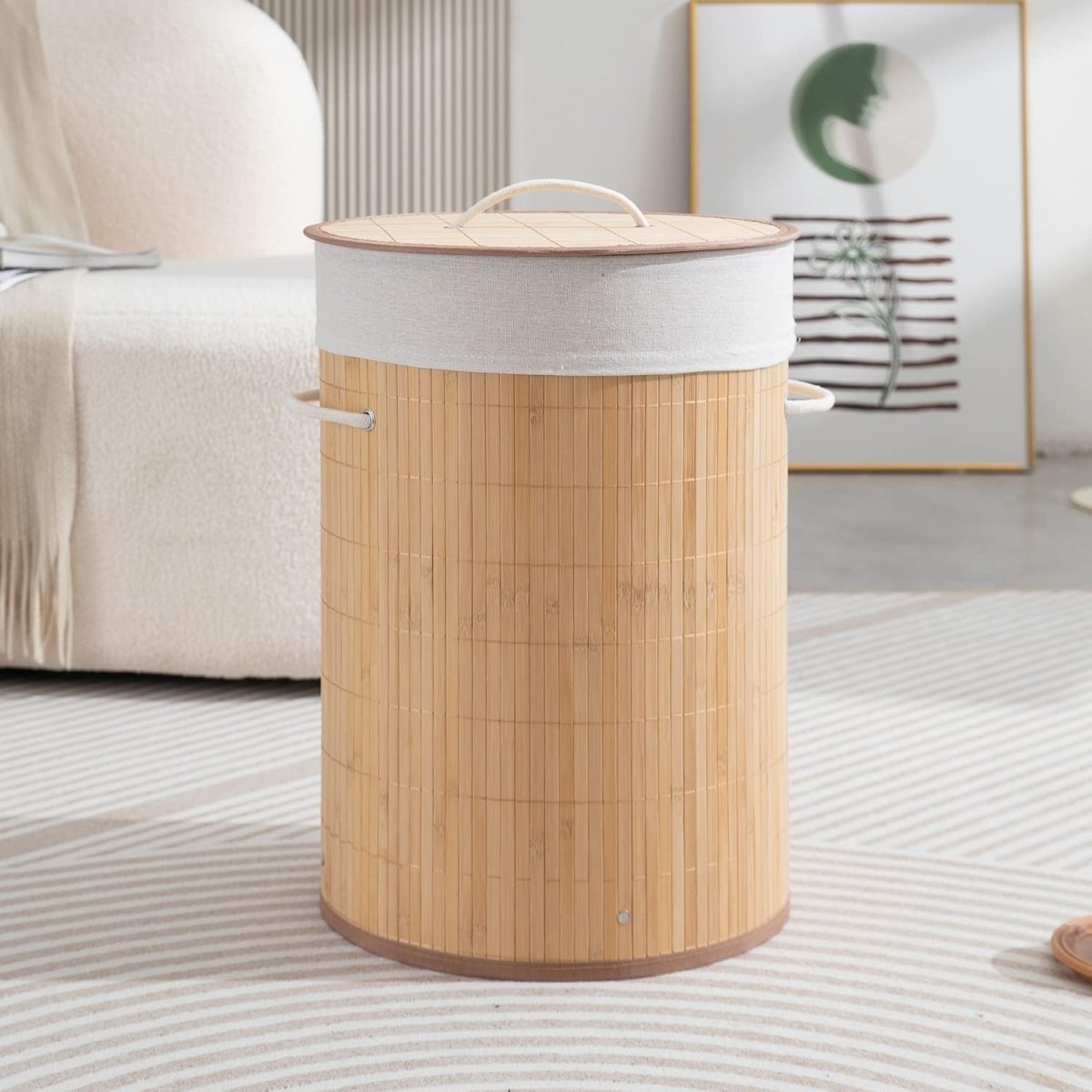 Round Bamboo Laundry Basket With Lid (35CM*60CM) Laundry Bag- #Royalkart#brown lid basket