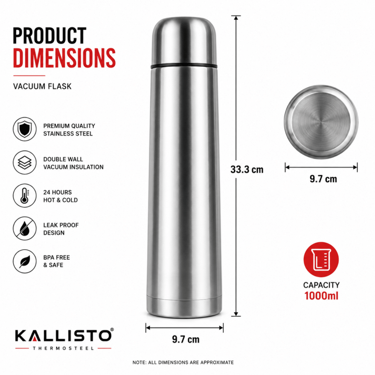 1 Litre Premium Thermosteel Vacuum Flask. Flask- #Royalkart#Kitchen
