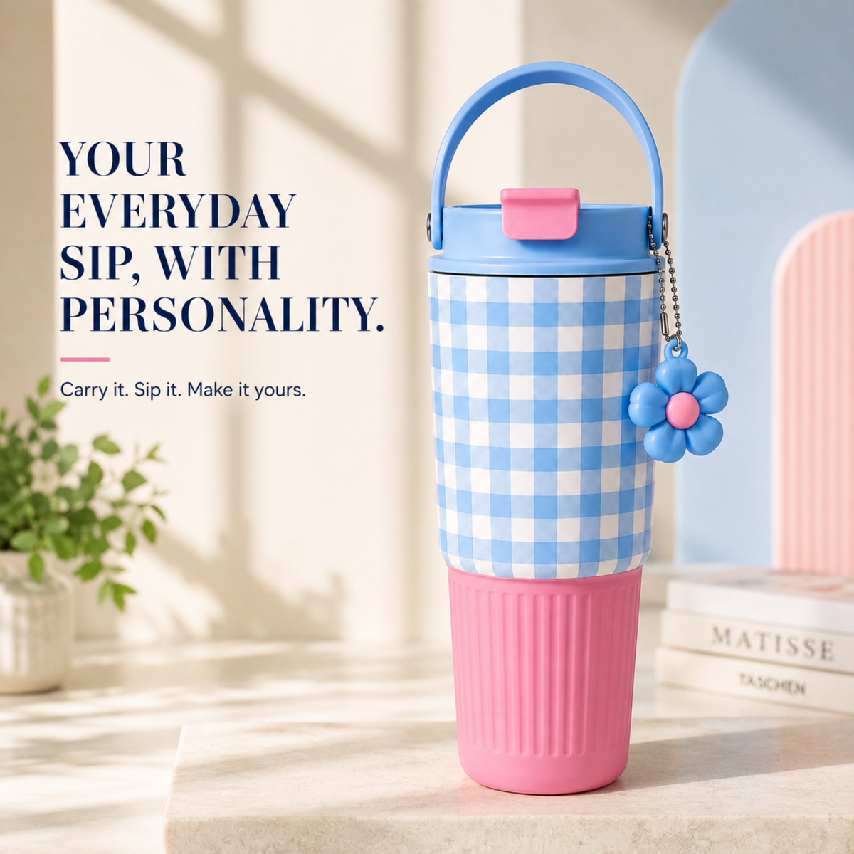 750 ml Cute Stainless Steel Tumbler with Flip Top Lid (Blue Pink)