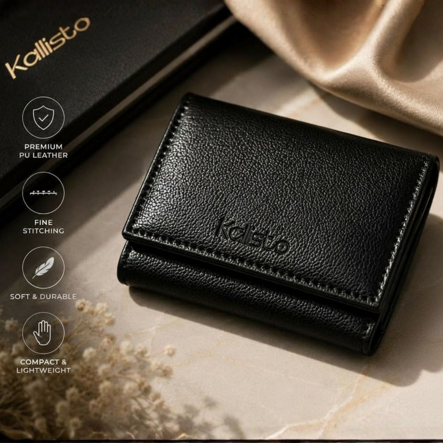 Luxe TriFold Vegan Leather Wallet for Men (Black)