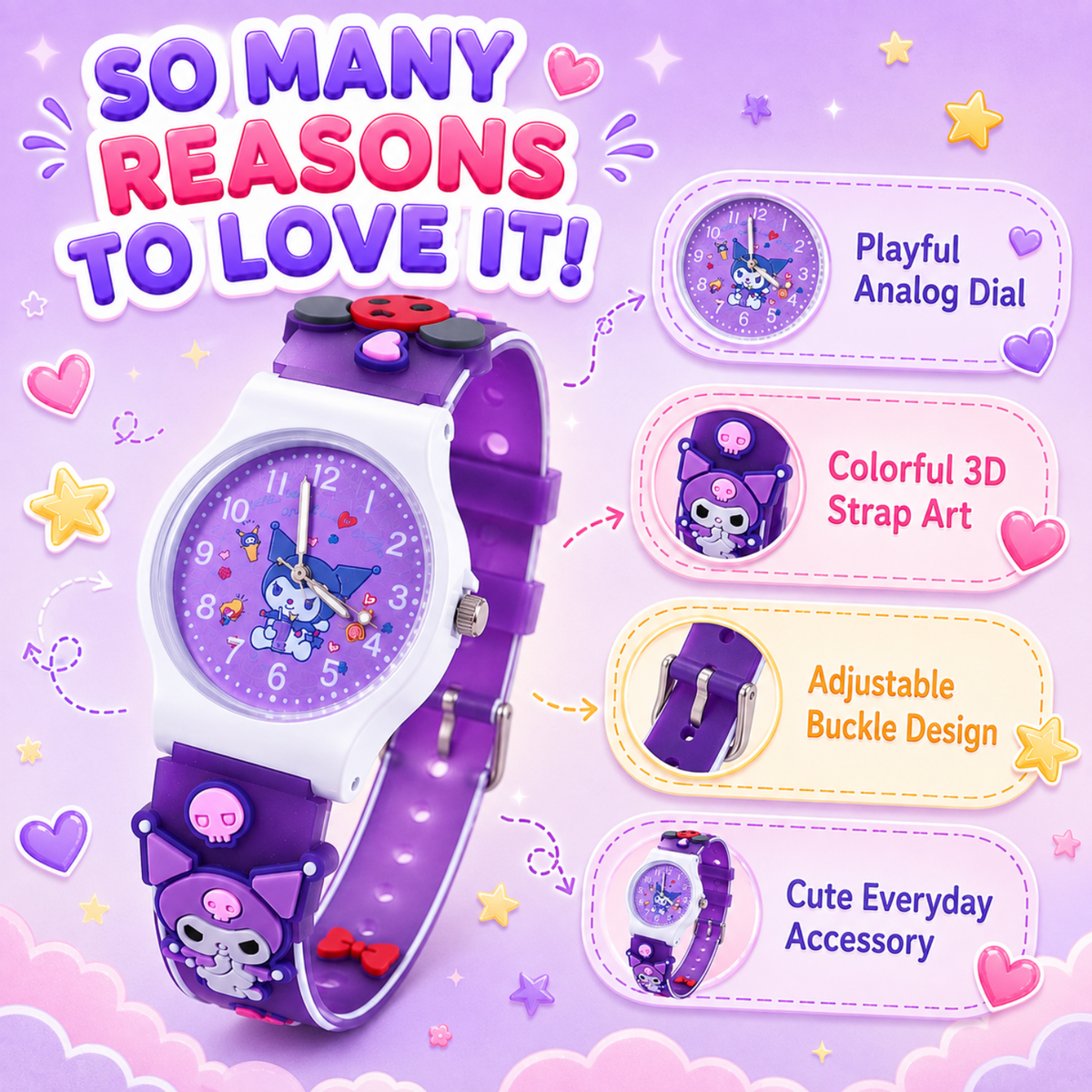 Cute Kids Analog Wrist Watch for Girls | 3D Cartoon Silicone Strap | Adjustable Comfortable Band | Fun Theme | Easy-to-Read Learning Dial | Lightweight Everyday Watch