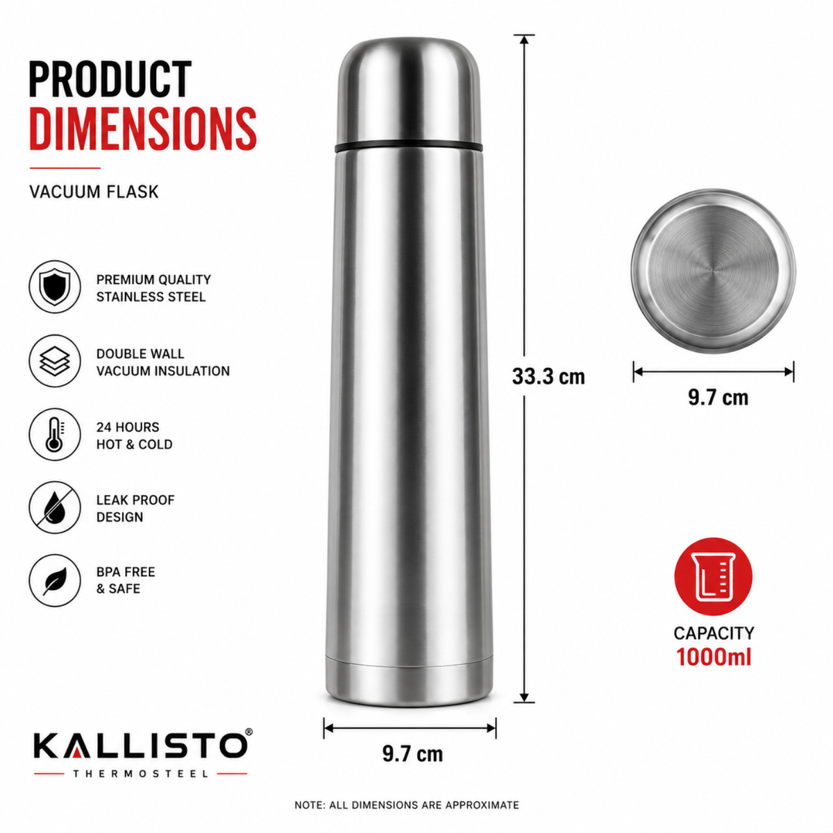 1 Litre Premium Thermosteel Vacuum Flask.