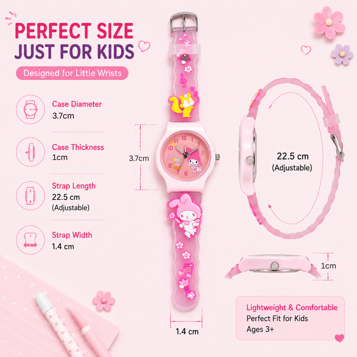 Cute Kids Analog Wrist Watch for Girls  | 3D Cartoon Silicone Strap | Adjustable Comfortable Band | Fun Theme | Easy-to-Read Learning Dial | Lightweight Everyday Wristwatch