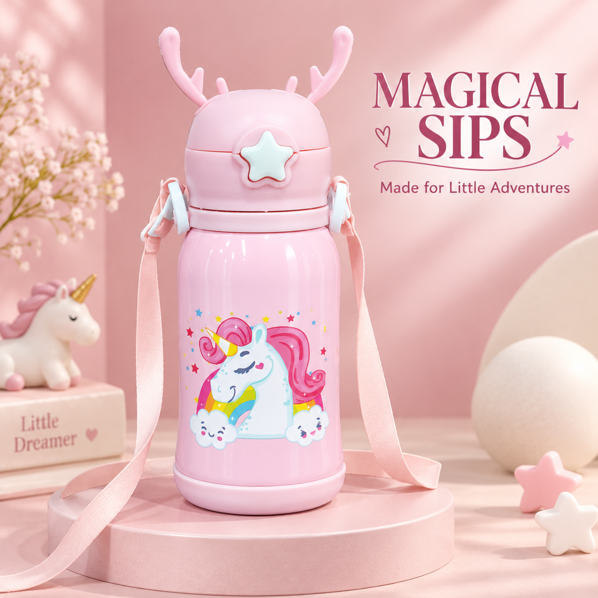 Kids Unicorn Stainless Steel Sipper Water Bottle, 750 ml, Pink