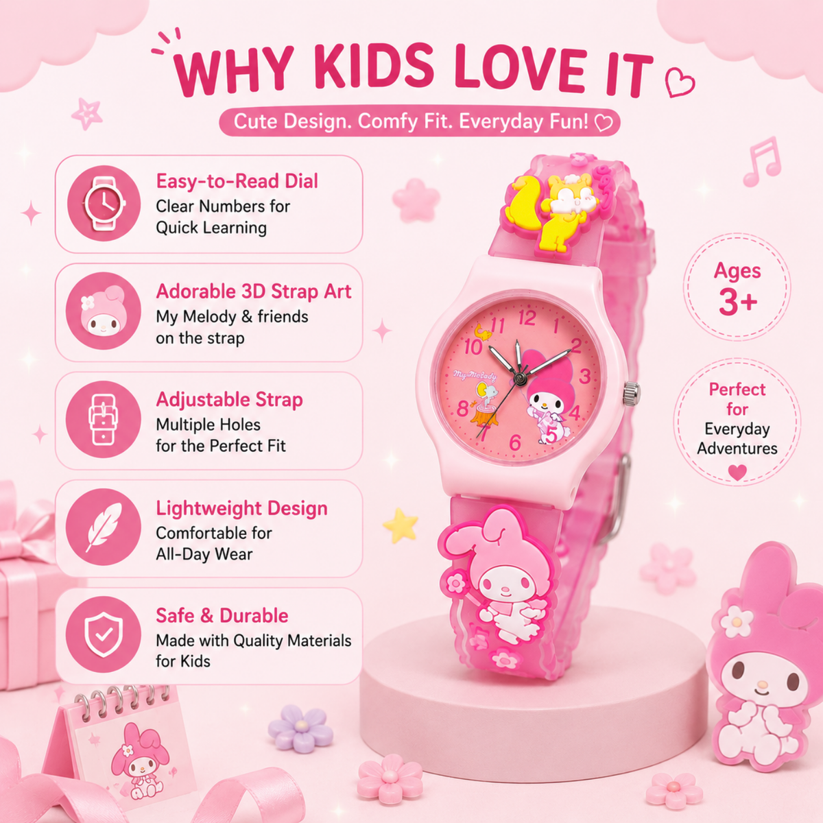Cute Kids Analog Wrist Watch for Girls  | 3D Cartoon Silicone Strap | Adjustable Comfortable Band | Fun Theme | Easy-to-Read Learning Dial | Lightweight Everyday Wristwatch
