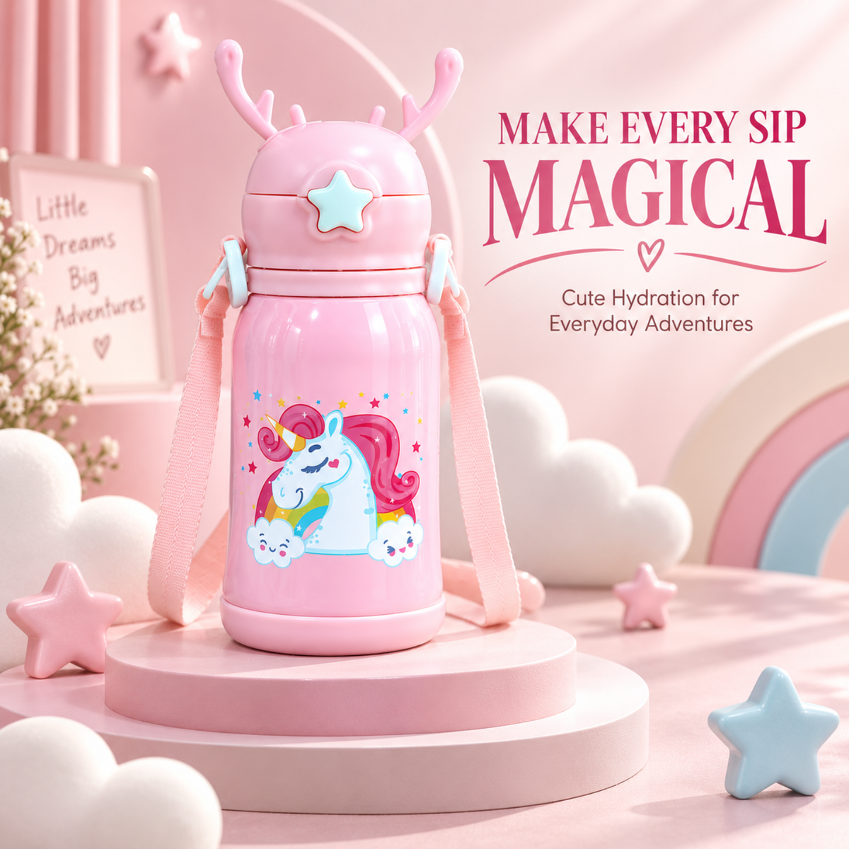 Kids Unicorn Stainless Steel Sipper Water Bottle, 750 ml, Pink