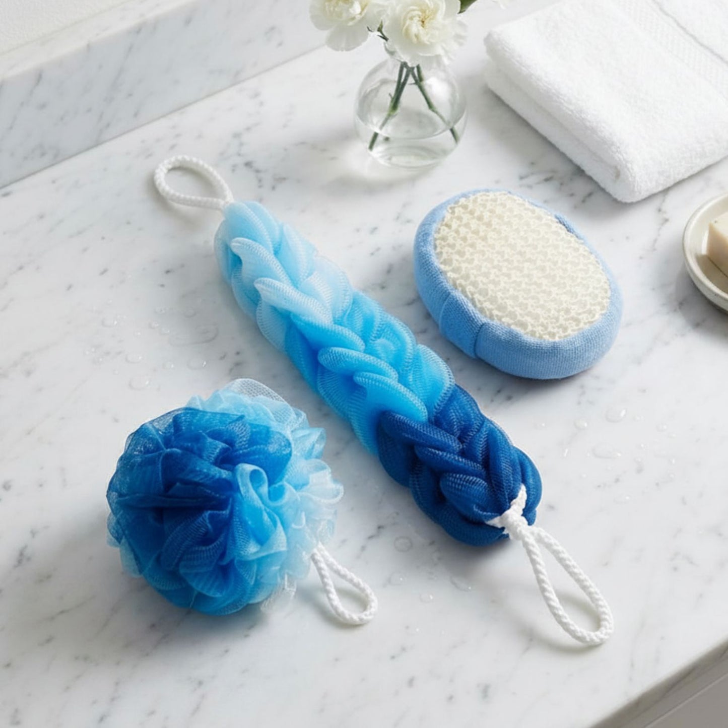 Bath Sponge Scrubber, Exfoliator & Loofah Set (Blue)