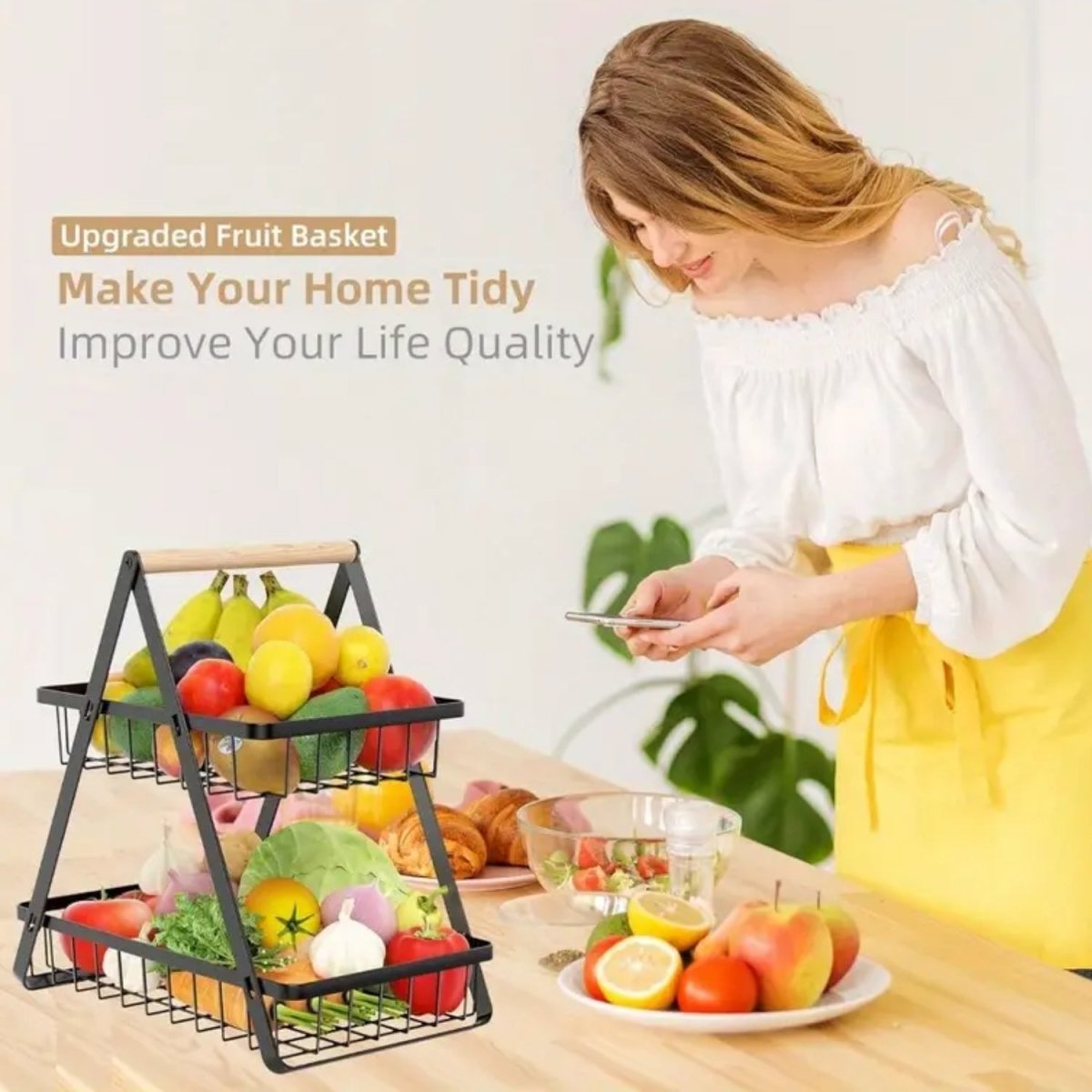 2 - Tier Metal Storage Basket for Fruits, Vegetables & Spices - Perfect for Kitchen Organization, Picnics, Holiday - #Royalkart#Fruit basket