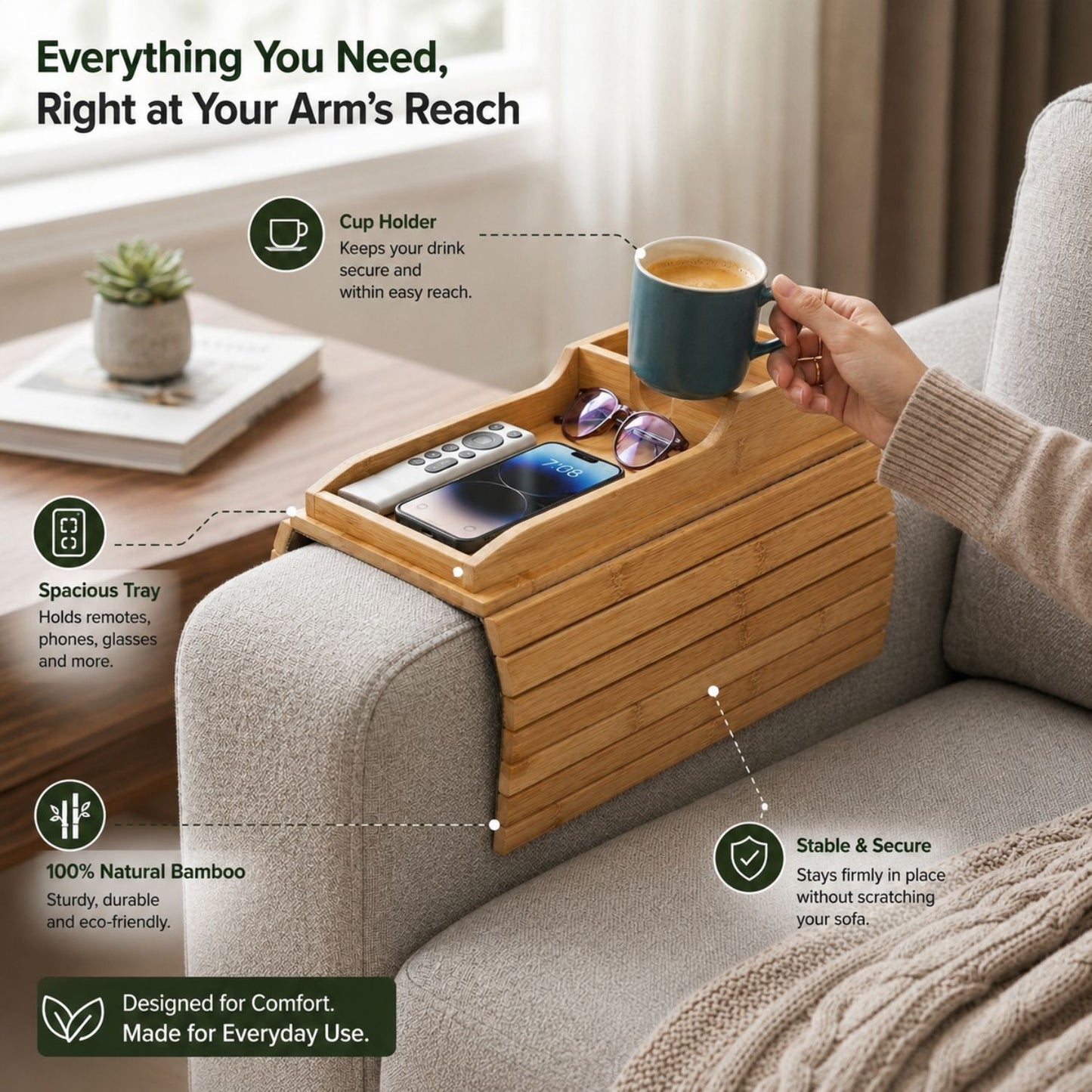 Bamboo Sofa Armrest Tray