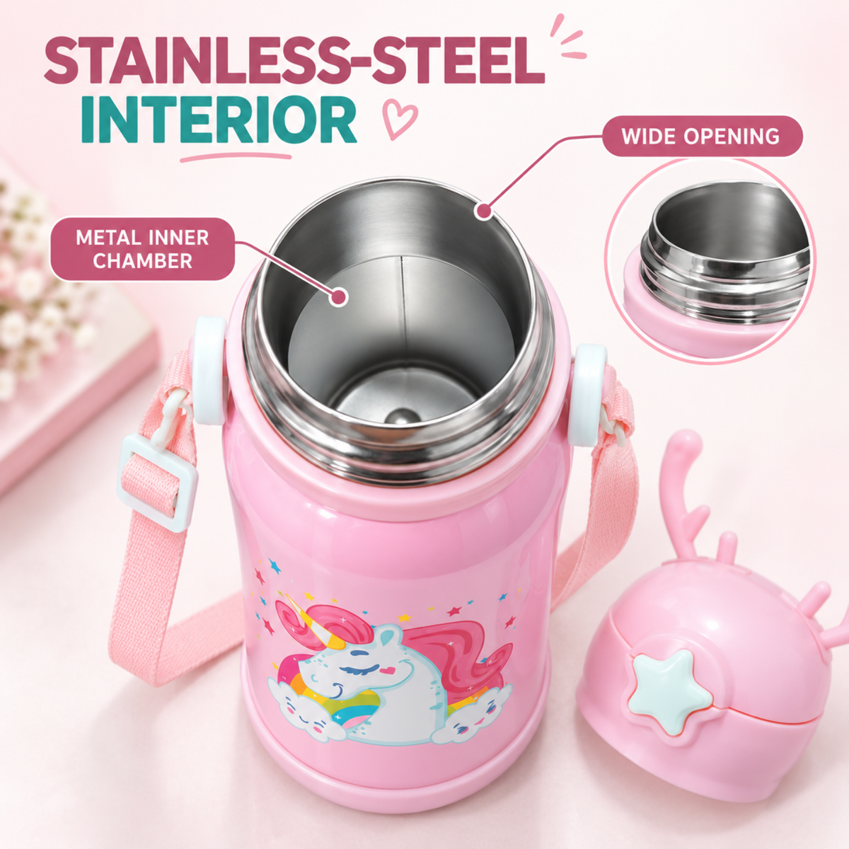 Kids Unicorn Stainless Steel Sipper Water Bottle, 750 ml, Pink