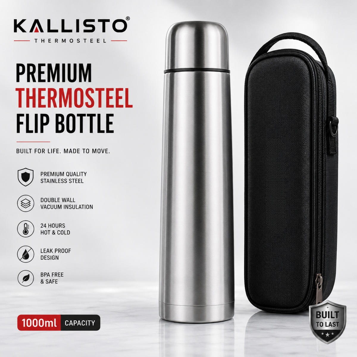 1 Litre Premium Thermosteel Vacuum Flask.